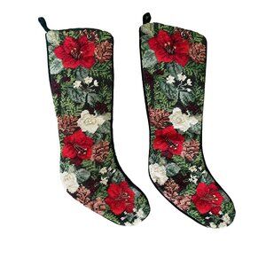 Needlepoint by Hand Christmas Stockings 100% Wool Poinsettia Velvet Set of 2